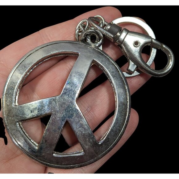 Hippie Glam Rhinestone Peace Sign Large Heavy Silver Tone Puffed Keychain - Picture 2 of 4